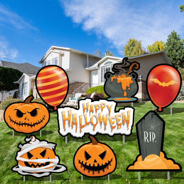 Custom printed Halloween pumpkin yard prop signs for festive lawn displays