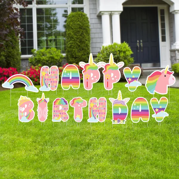 Unicorn and rainbow birthday lawn letters for magical celebration decor