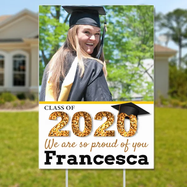 Personalized graduation yard sign with photo and school colors for outdoor celebration