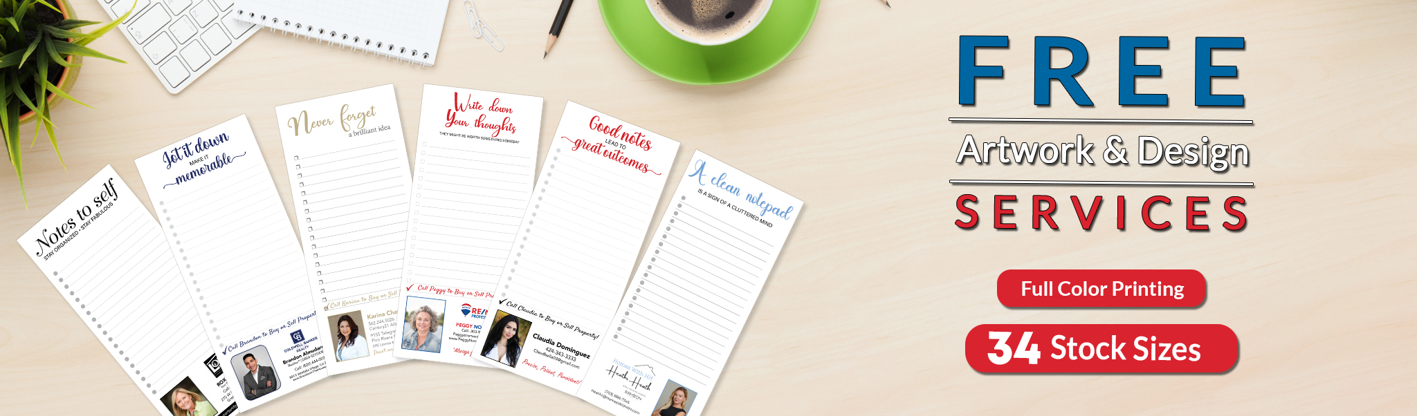Fanned display of custom notepads with real estate agent designs on a desk with keyboard, coffee cup, and plant.