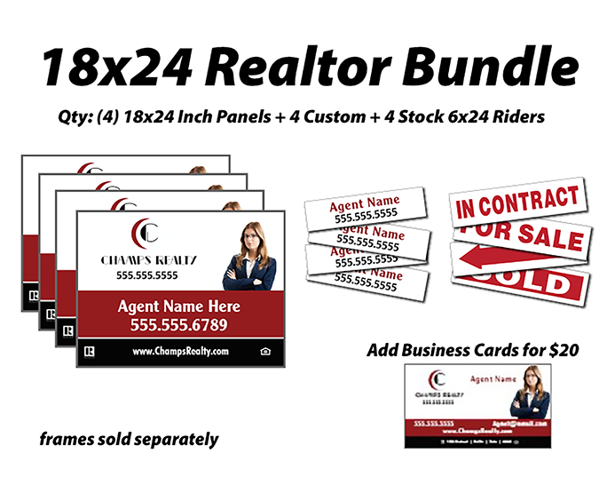 18x24 Realtor bundle that includes 4 18x24 inch PVC panels, 4 6x24 Custom riders & the ability to add business cards for $20