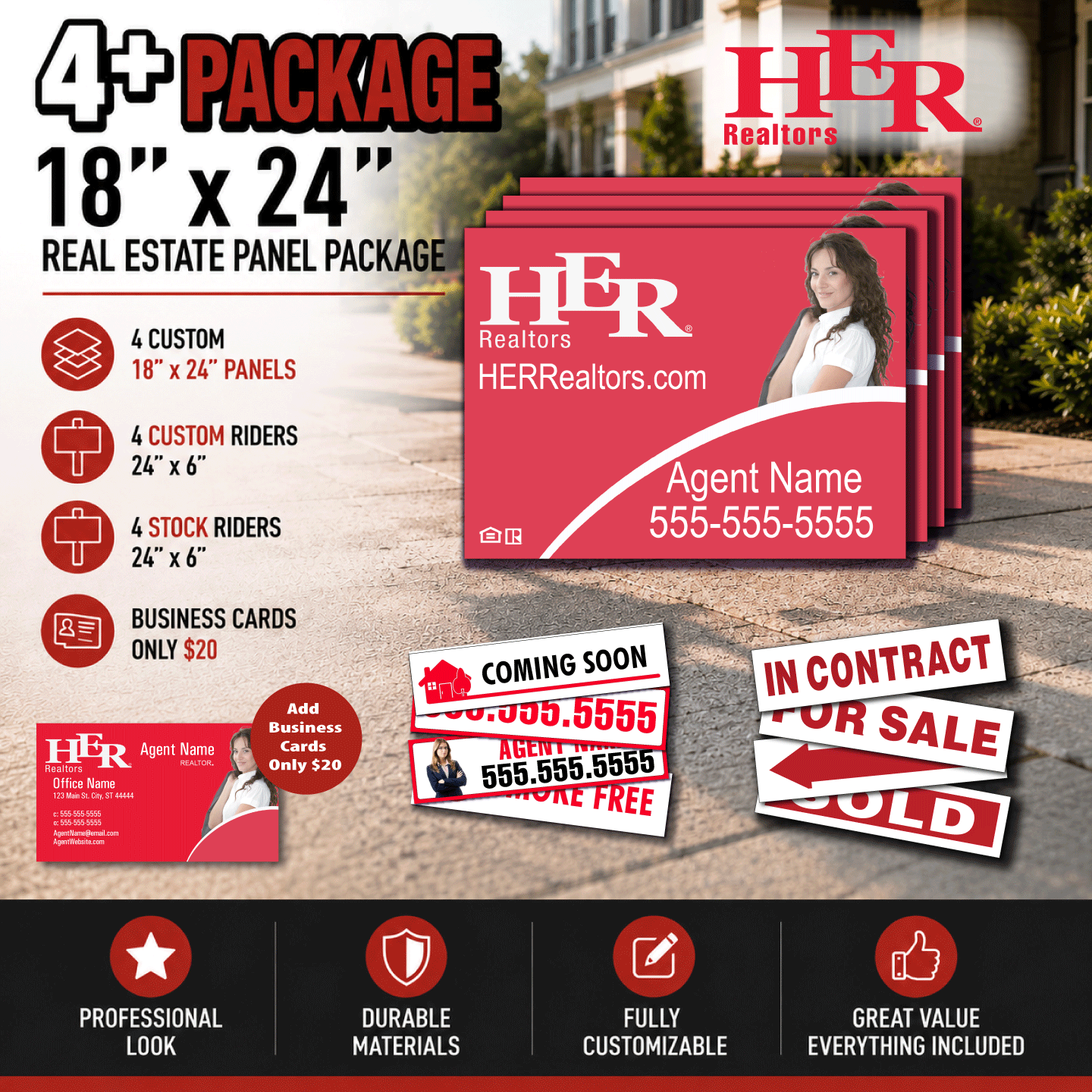 HER Realtors 4-18x24 PVC Panels | 4 Stock + 4 Custom 6x24" Riders Package HER Realtors 18x24 Bundle with 4 Custom and 4 Stock Riders
