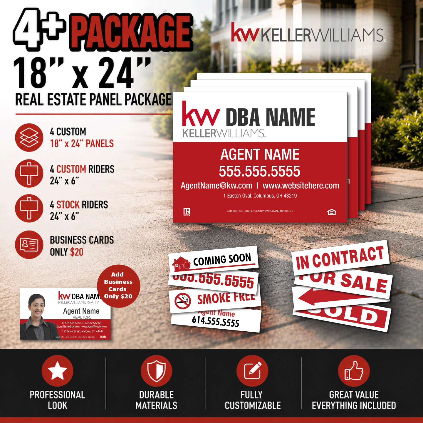 KW Package | 4-18x24 PVC Panels | 4 Stock + 4 Custom 6x24 Riders Package 18x24 Realtor bundle that includes 4 18x24 inch PVC panels, 4 6x24 Custom riders & the ability to add business cards for $20