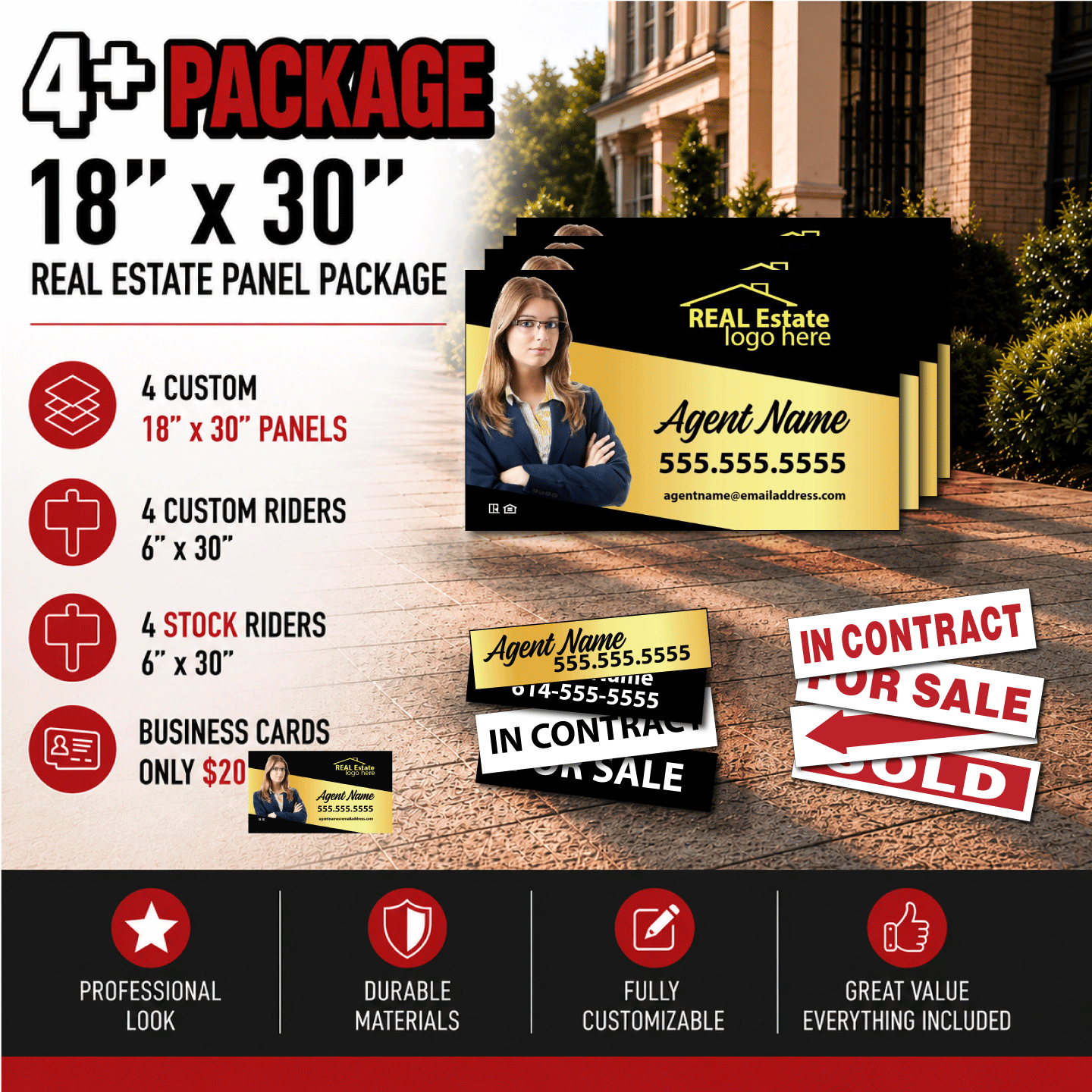 Custom 4-18x30 PVC Panels | 4 Stock + 4 Custom 6x24" Riders Package | Add Business Cards https://d2ngzhadqk6uhe.cloudfront.net/customsig/images/product/custom-18X30-prod-img2-forWeb.png