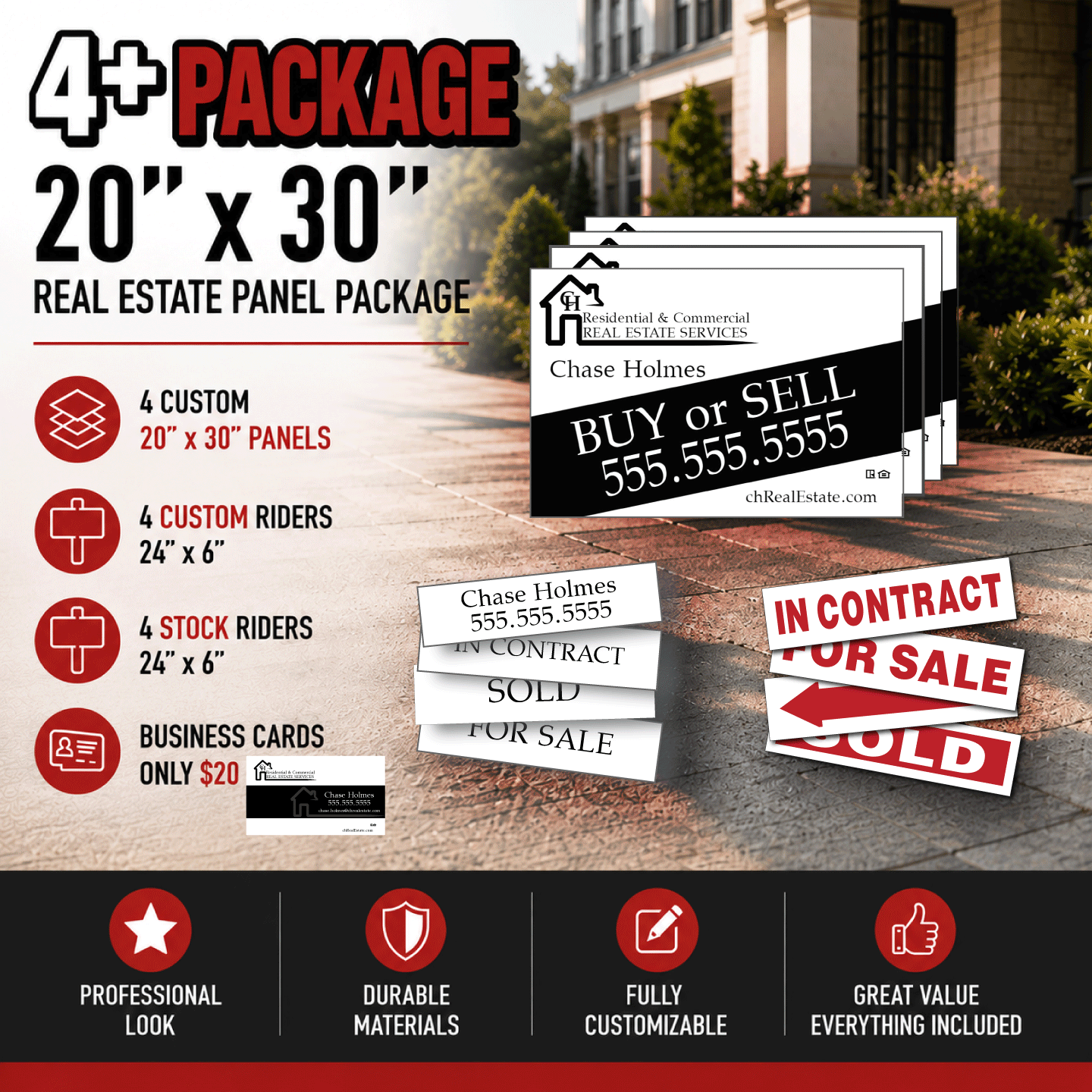 Custom 4-20x30 PVC Panels | 4 Stock + 4 Custom 6x24" Riders Package | Add Business Cards https://d2ngzhadqk6uhe.cloudfront.net/customsig/images/product/custom-20x30-prod-img2-for-web.png