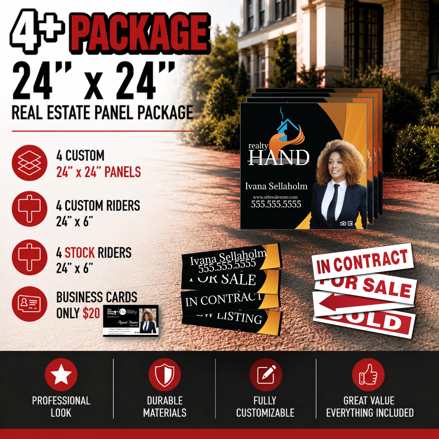 Custom 4-24x24 PVC Panels | 4 Stock + 4 Custom 6x24" Riders Package | Add Business Cards https://d2ngzhadqk6uhe.cloudfront.net/customsig/images/product/custom-24x24-prod-img2-forWeb.png