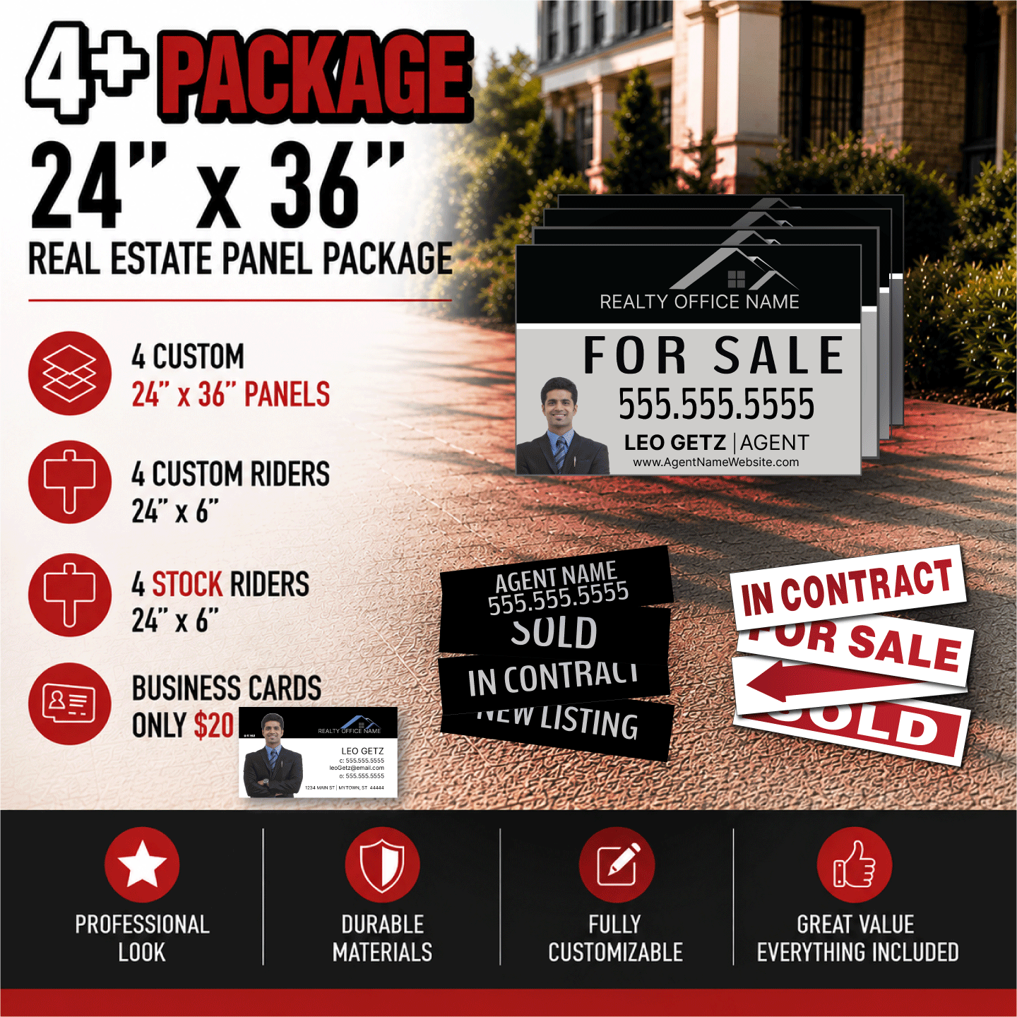 Custom 4-24x36 PVC Panels | 4 Stock + 4 Custom 6x24" Riders Package | Add Business Cards https://d2ngzhadqk6uhe.cloudfront.net/customsig/images/product/custom-24x36-prod-img2-forWeb.png