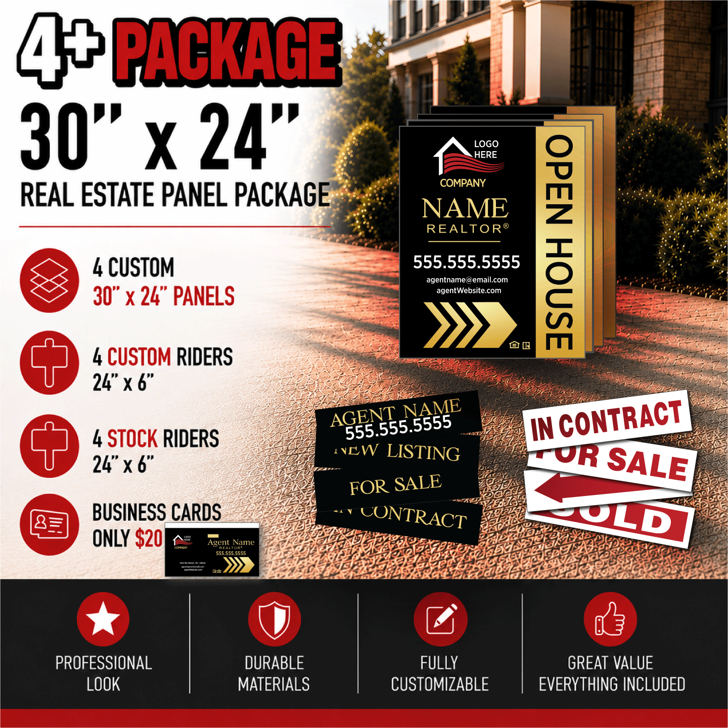 Custom 4-30x24 PVC Panels | 4 Stock + 4 Custom 6x24" Riders Package | Add Business Cards https://d2ngzhadqk6uhe.cloudfront.net/customsig/images/product/custom-30x24-prod-img2-forWeb.png