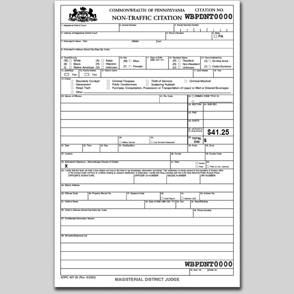NON-TRAFFIC CITATION AOPC 406-95 (Rev. 11/2025)